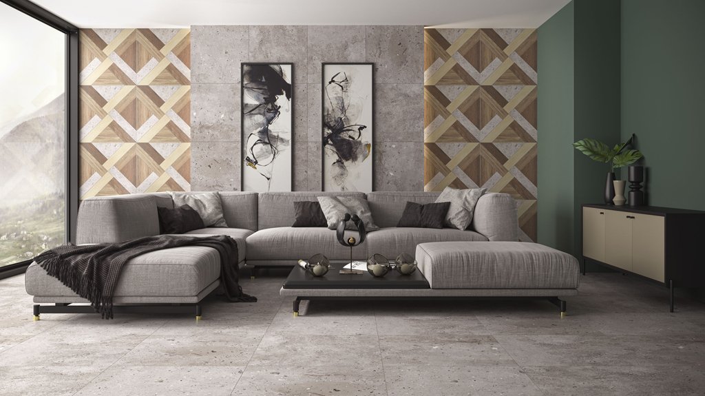 #Obytné prostory #beton #dřevo #Moderní styl #šedá #Velký formát #Matná dlažba #1000 - 1500 Kč/m2 #Ceramika Paradyz #Art